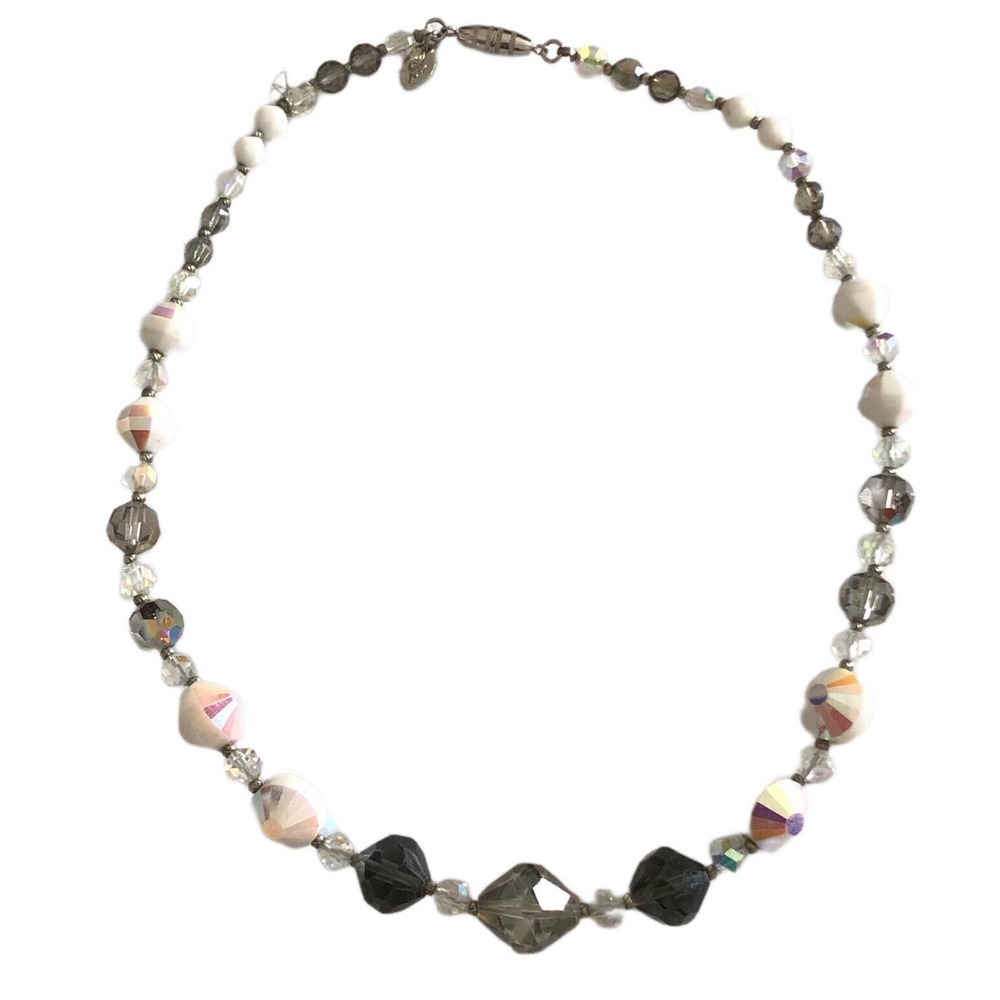 Vintage Signed Vendome White Gray Aurora Borealis Glass 20 Inch Necklace